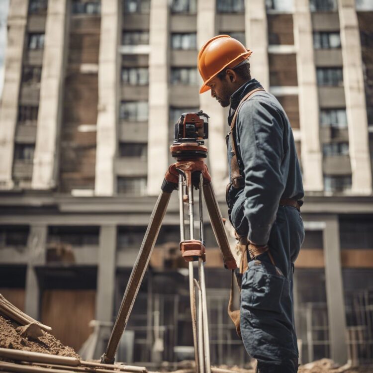 geodeta w trakcie tyczenia budynku