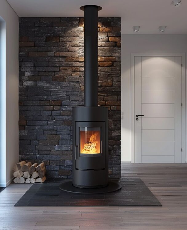 piec typu koza z wyprowadzeniem spalin przez sufit rurą stalową