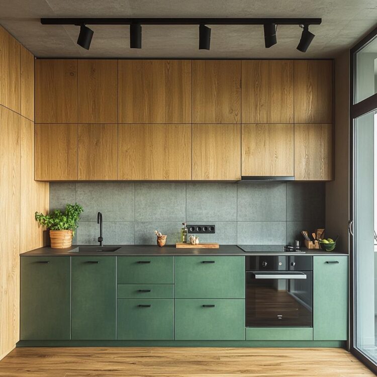 połączenie zieleni i drewna w kuchni