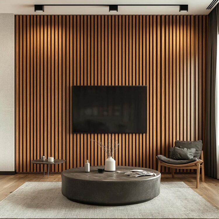 lamele ścienne za telewizorem w salonie