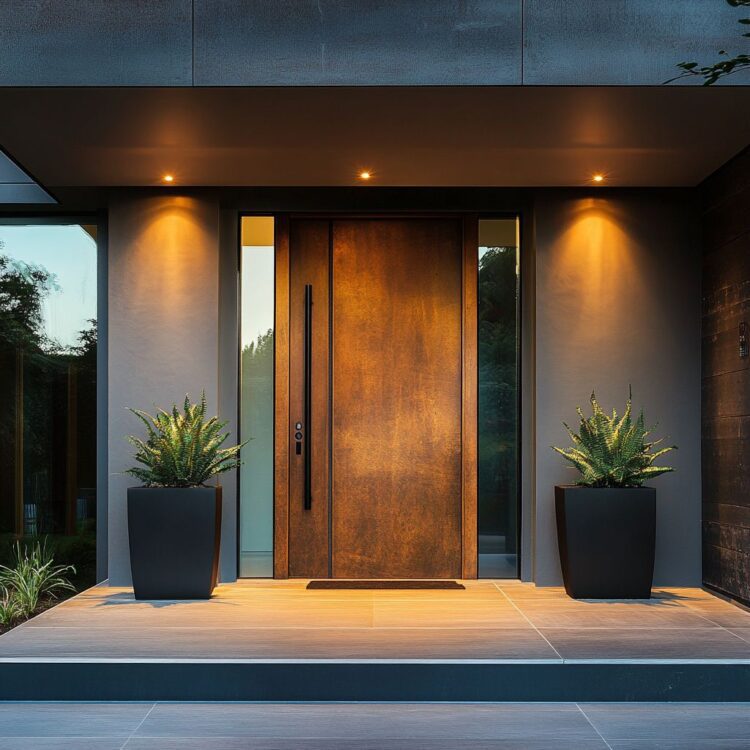 drzwi wejściowe stalowe drewnopodobne w nowoczesnym domu