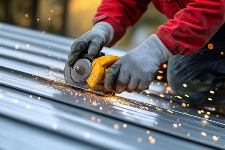 szlifierka kątowowa tnie blachę na dachu